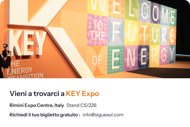 SigueSol al salone KEY 2026 di Rimini (Italia) : soluzioni fotovoltaiche chiavi in mano, EnergyHub e OneMega, Stand C5/226