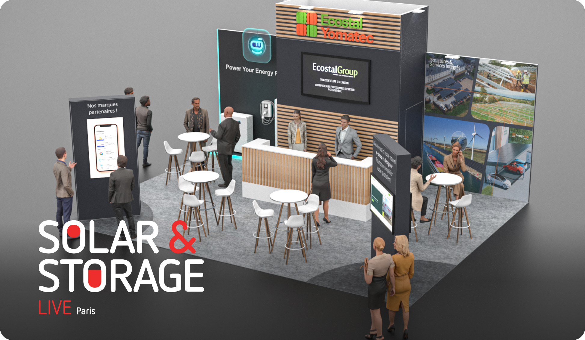 Vue 3D du stand Ecostal Yomatec et SigueSol à Solar & Storage Live Paris 2026