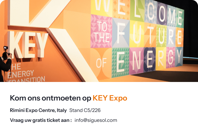 SigueSol op de KEY-beurs 2026 in Rimini (Italië) : turnkey fotovoltaïsche oplossingen, EnergyHub en OneMega, Stand C5/226